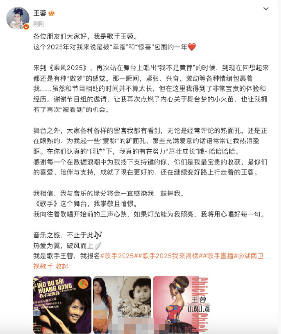 王蓉正式宣布加入《歌手2025》：我向往并尊敬这个舞台-1